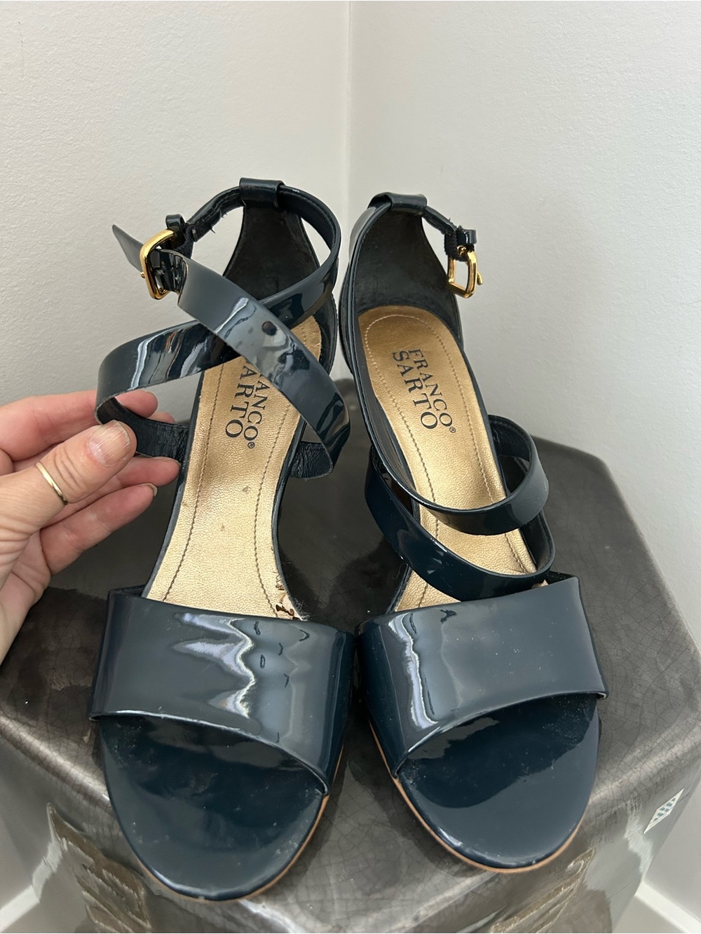 Franco Sarto Navy Patent Leather Strappy Sandals